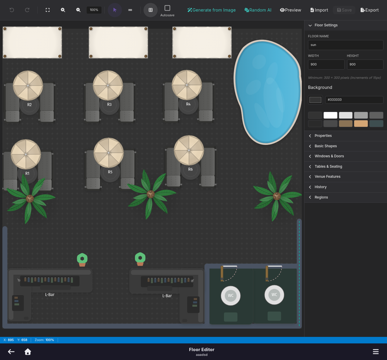 Beach club management software layout editor showing umbrellas, beds, premium seating zones, and service areas
