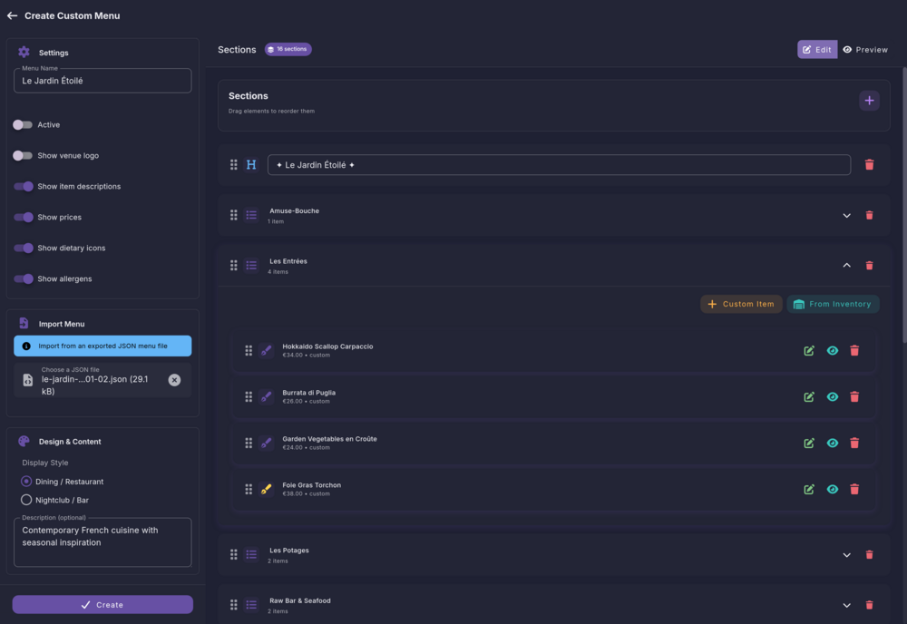 Digital menu builder software for venues with drag-and-drop interface