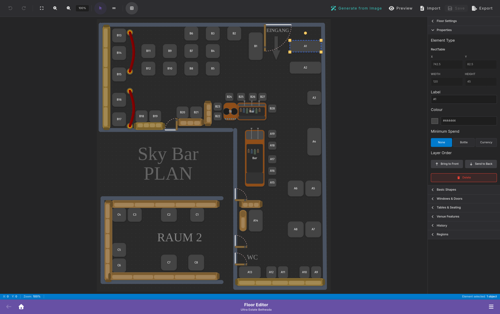 Nightclub and beach club floor plan software with drag-and-drop layout editor