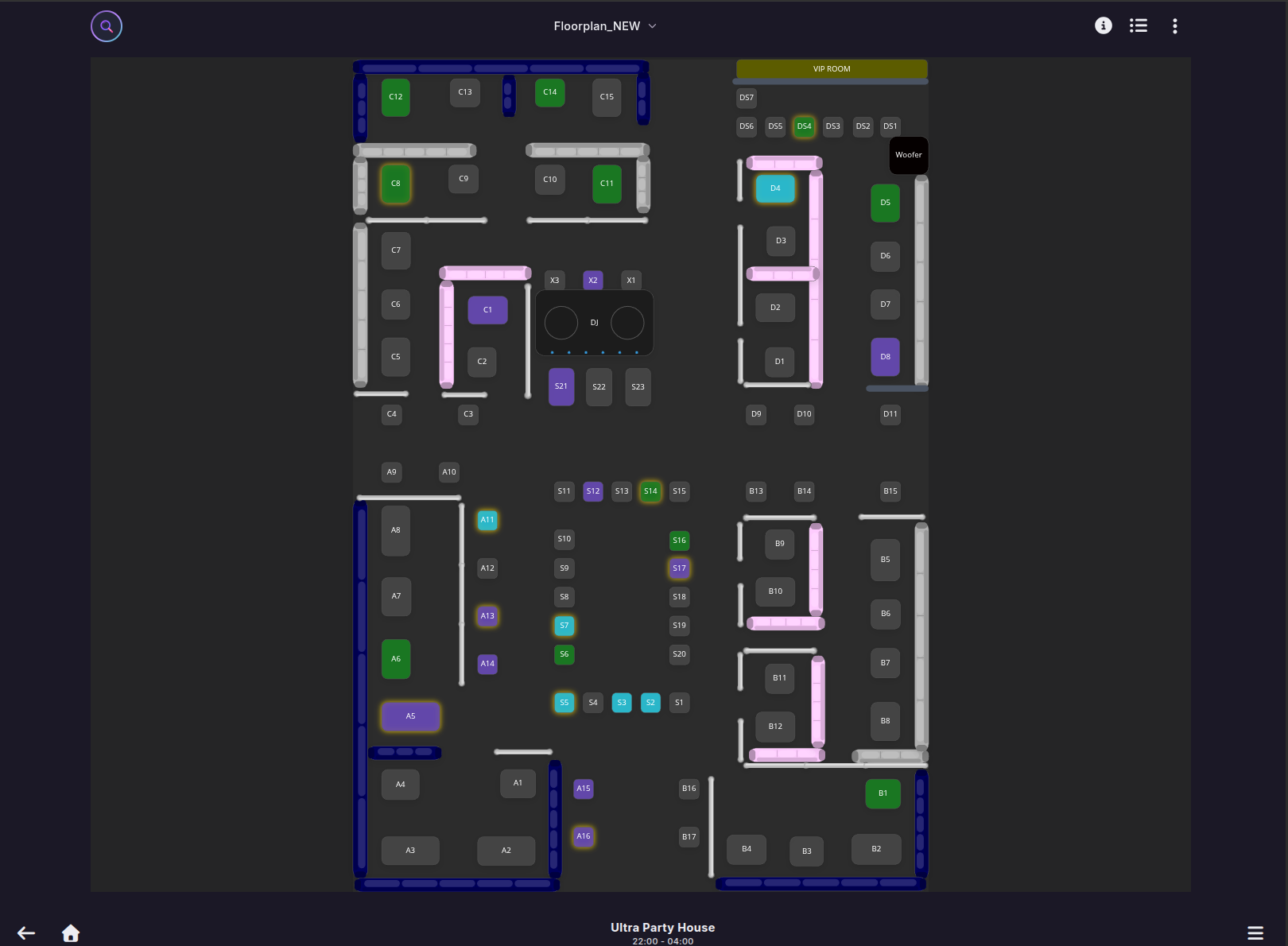 Nightclub management software floor plan showing VIP room sections, table layouts, and live event-floor coordination
