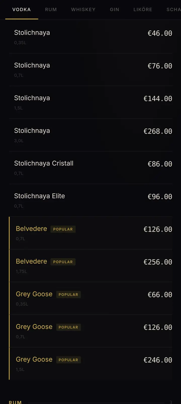 Bottle service software showing a guest-facing mobile bottle menu with spirit categories and prices