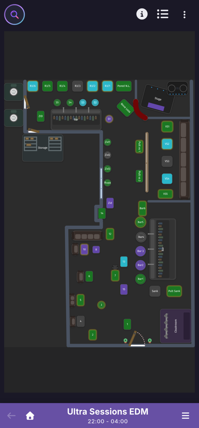 Venue reservation software showing real-time table sync on mobile device