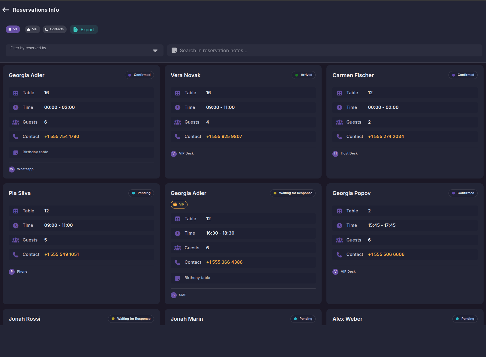 Guest list management software showing reservation cards, statuses, filters, note search, and export controls